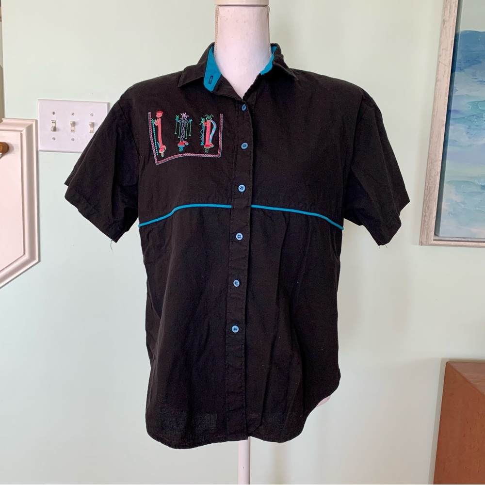 Ladies Vintage Panhandle Slim Embroidered Ethnic Button Down Shirt USA Large